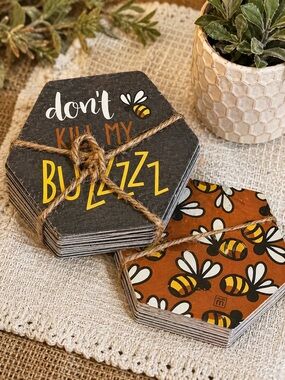 Bee Coaster Set 18pc NWT “Don’t Kill My Buzzzz” Farmhouse Decor Gift